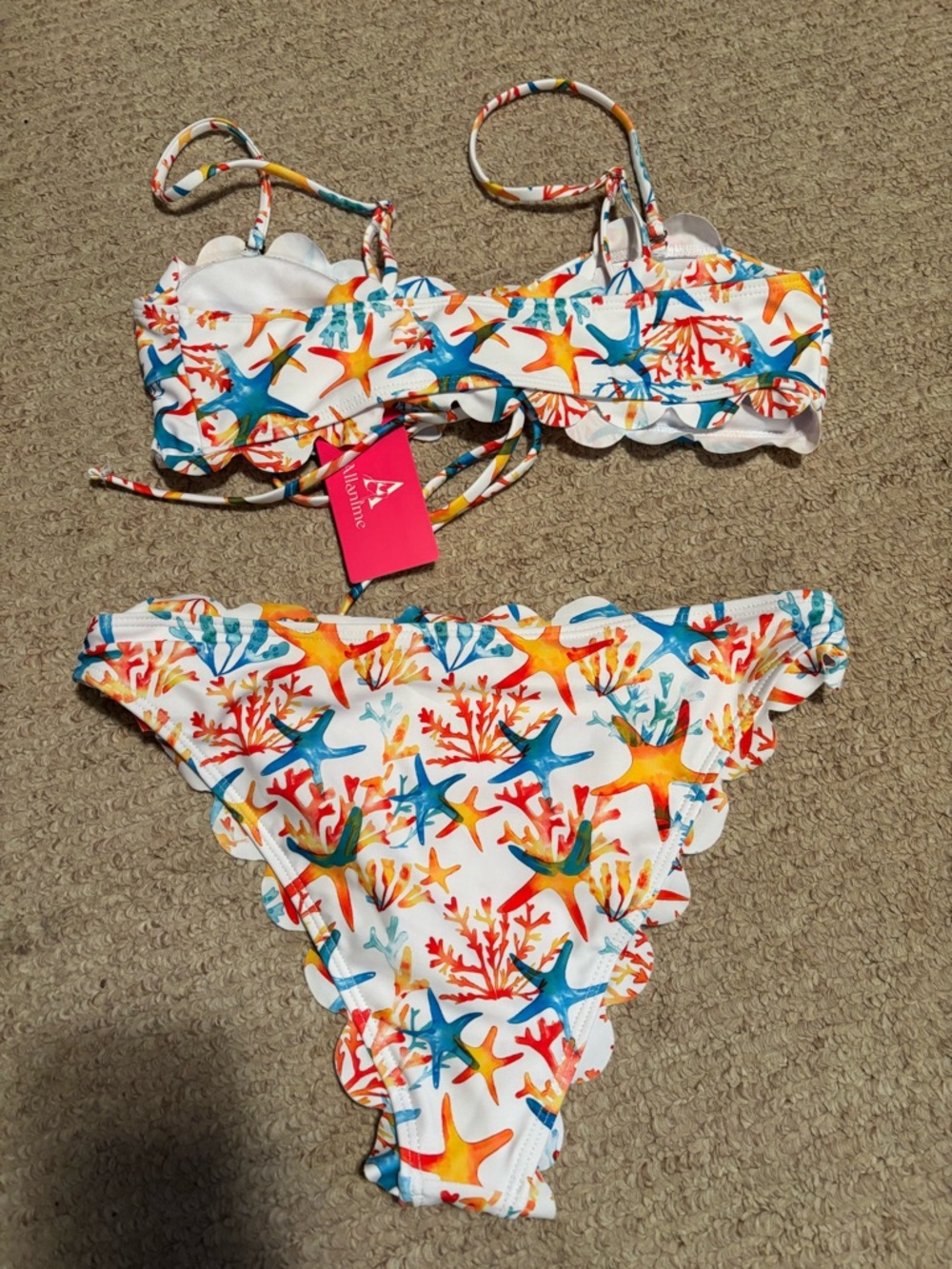 White Scallop Edge Starfish Bikini Set with Coral Print
